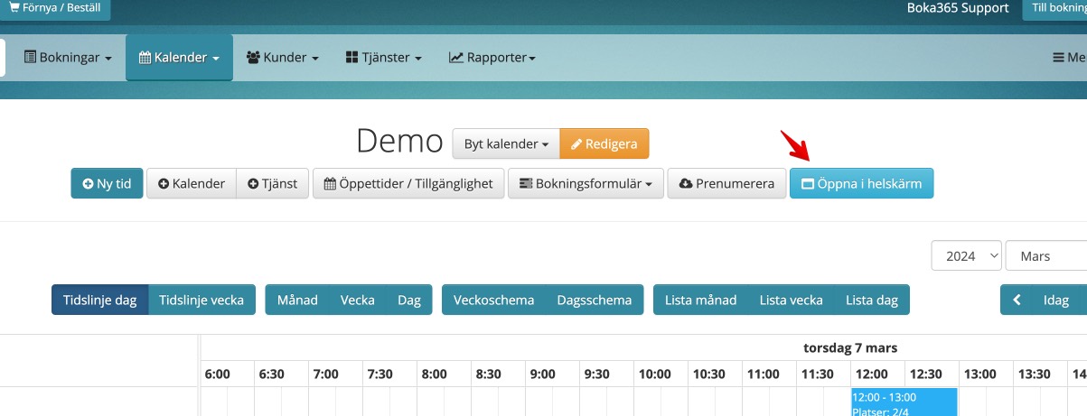 Knapp för att öppna kalender i helskärmsvy